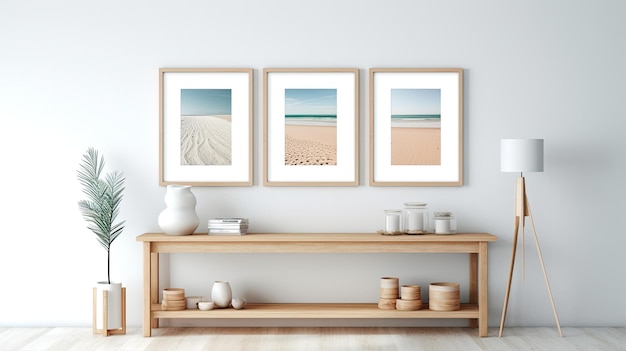 白い壁に額装されたビーチの写真 3 枚のセット。