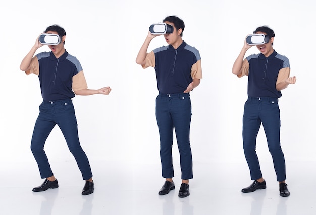 Set of Three full length of 20s Asian man learn VR virtual reality device in simulator world. Active male act like play game or life in metaverse remote meeting over white Background isolated