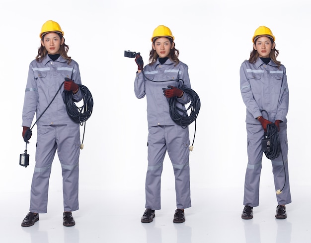 Photo set of three full length of 20s asian woman brown hair wear mechanic outfit dress shoes. active female carry electric cable line plug to maintenance repair as engineer over white background isolated