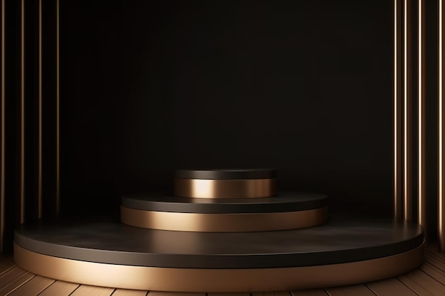 A set of three gold and black podiums with the word on the bottom