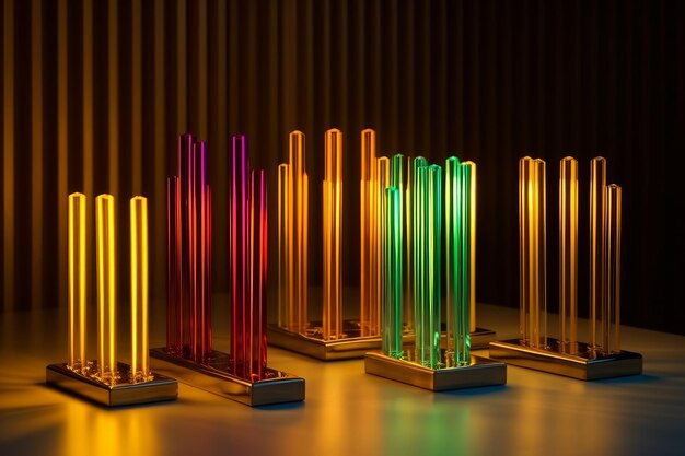 A set of three lights with different colors of light on them