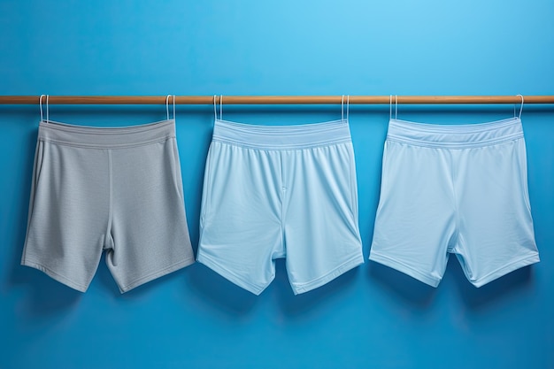 A set of three mens underpants on a blue background