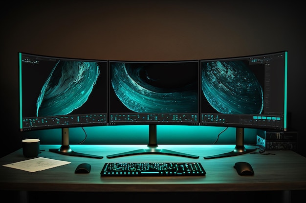 A set of three monitors with a green led screen that says'v'on it