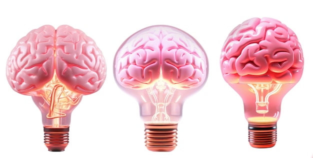 Set of three Pink Light bulbs with human brain inside isolated on white background AI generated