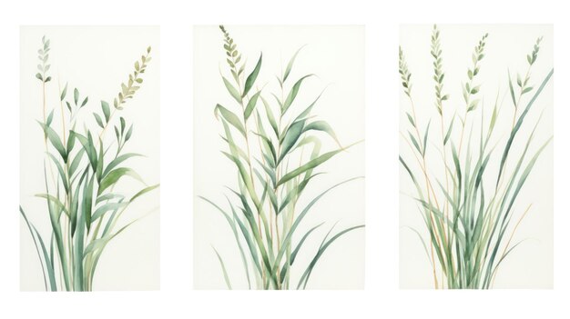 Set of Three Serene Watercolor Sea Oats Blades AI Generated