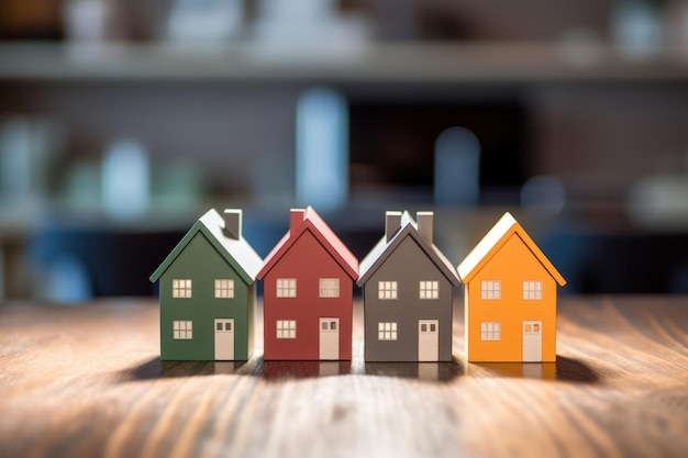 Set of three tiny model houses on a desk