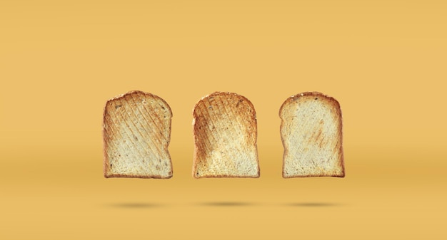Photo set of three toasts isolated on yellow background