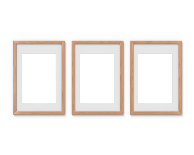 Set of three vertical wooden frames with a border hanging on the wall 3D rendering