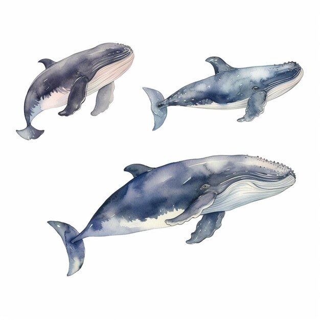 A set of three whales with different colors.