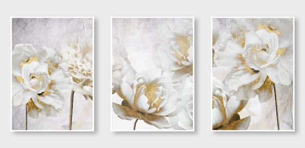 A set of three white flowers on a gray background.