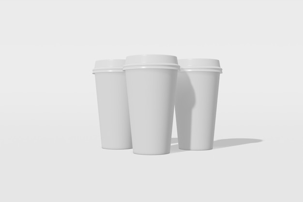 Photo set of three white paper cup with a lid on a white background