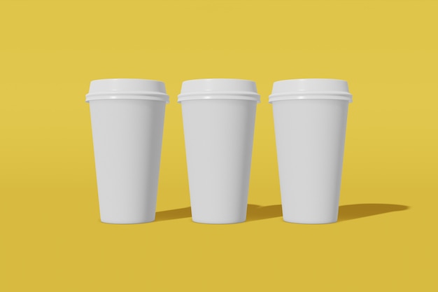 Photo set of three white paper cup with a lid on a yellow background 3d rendering