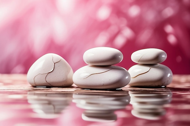 Foto un set di tre pietre da spa bianche zen su uno sfondo sfocato rosa con riflessi d'acqua e onde