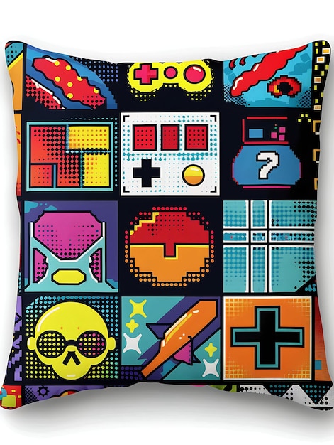 Photo set of throw pillow 16 bit pixel with pop art design and comic book game asset design concept art