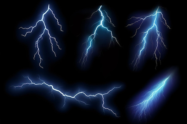 Photo set of thunderstorm lightnings on black background