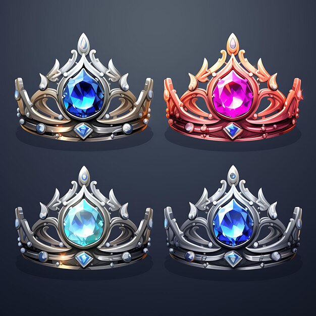 ティアラ・ファンタジー・アイテム・エレガント・デザイン (Elegant Design Gemstone Tiara Enchanted 2D Asset Design Clipart Flat) のセット