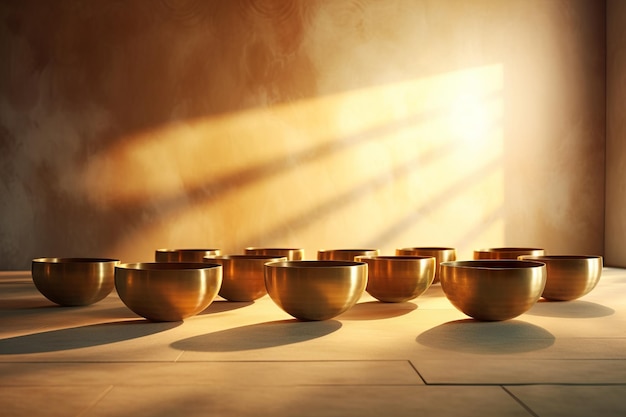 Set of tibetan singing bowls on brown background with hard sun rays from the window