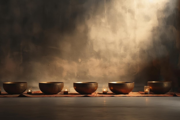 Photo set of tibetan singing bowls on brown background with sun rays from the window