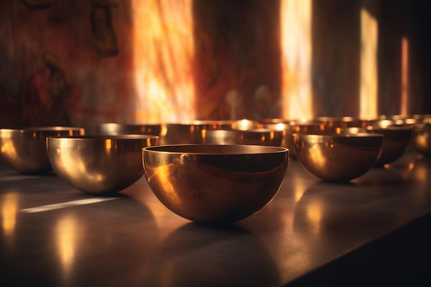 Photo set of tibetan singing bowls on podium with dark background