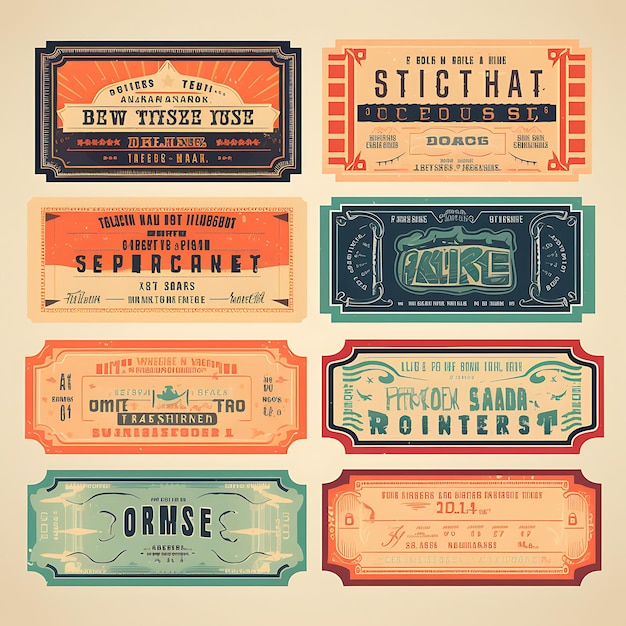 A Set Of Tickets 2D Design With Vintage Style Frame Vector Creative Flat Color Label Packaging
