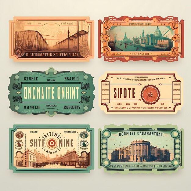 Photo a set of tickets 2d design with vintage style frame vector creative flat color label packaging