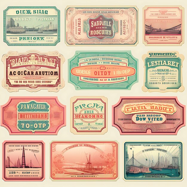 A Set Of Tickets 2D Design With Vintage Style Frame Vector Creative Flat Color Label Packaging