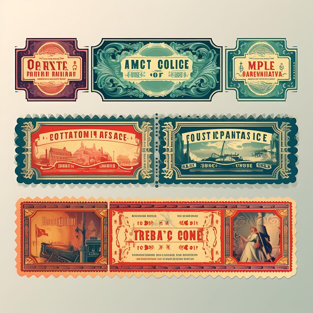 A Set Of Tickets 2D Design With Vintage Style Frame Vector Creative Flat Color Label Packaging