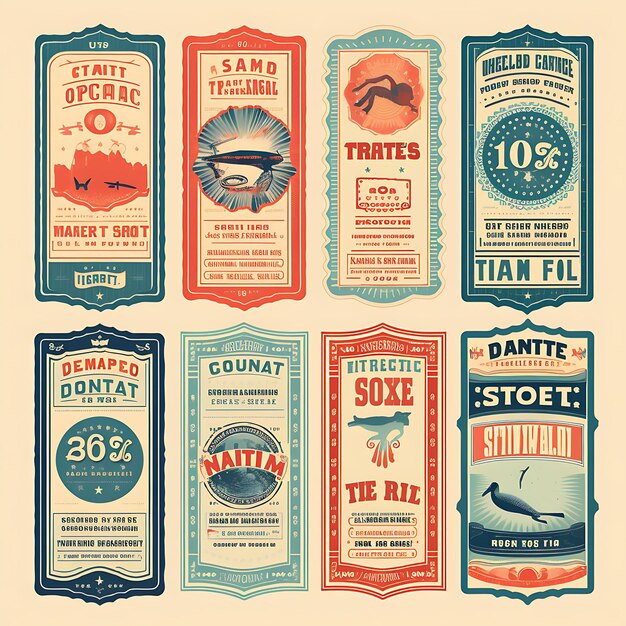 A set of tickets 2d design with vintage style frame vector creative flat color label packaging