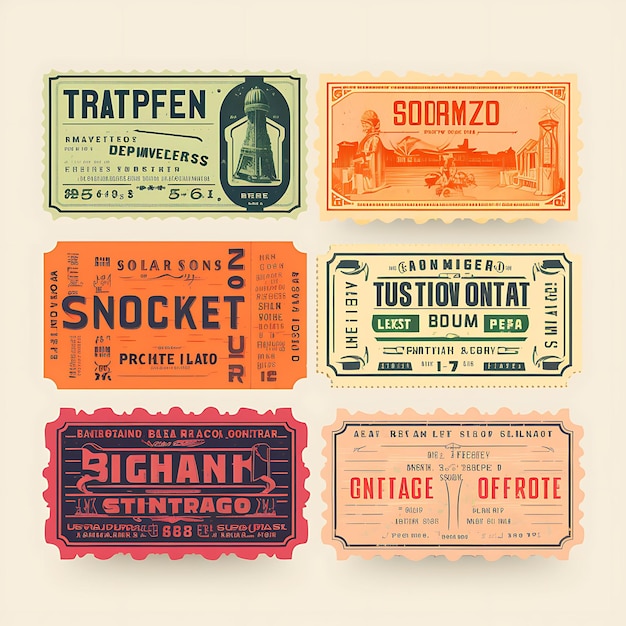 Photo a set of tickets 2d design with vintage style frame vector creative flat color label packaging