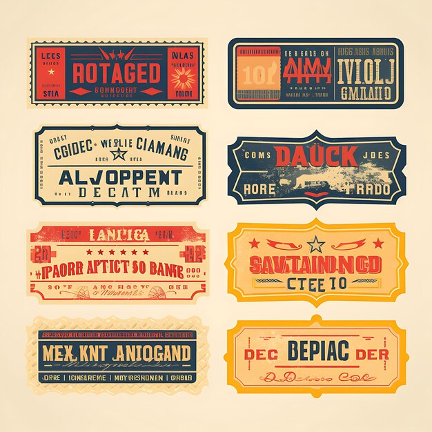 Photo a set of tickets 2d design with vintage style frame vector creative flat color label packaging