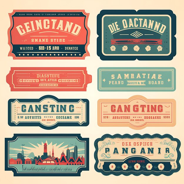 Photo a set of tickets 2d design with vintage style frame vector creative flat color label packaging