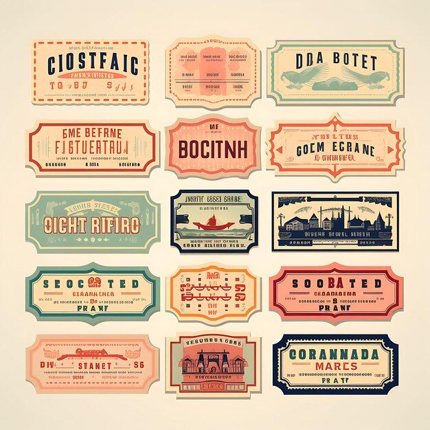 A Set Of Tickets 2D Design With Vintage Style Frame Vector Creative Flat Color Label Packaging
