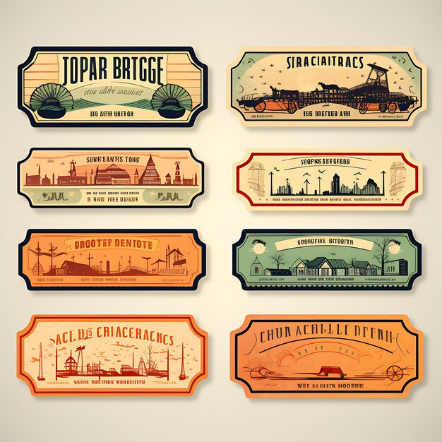 Photo a set of tickets 2d design with vintage style frame vector creative flat color label packaging