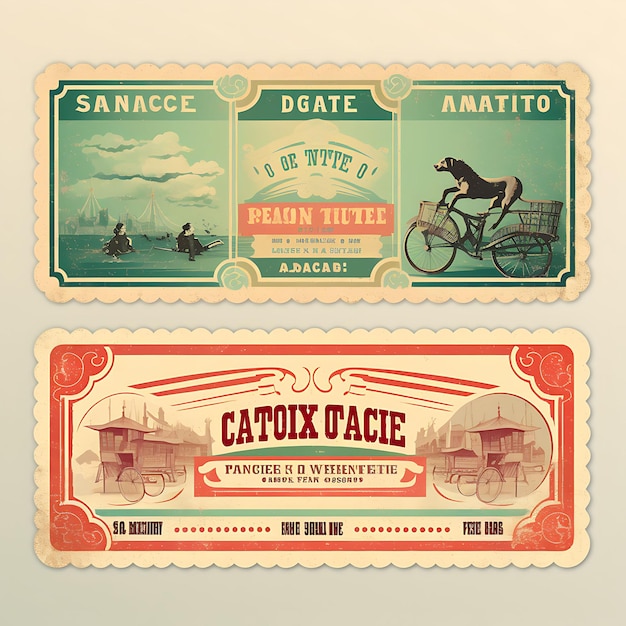 Photo a set of tickets 2d design with vintage style frame vector creative flat color label packaging