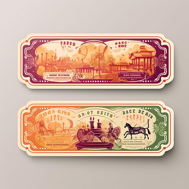 Photo a set of tickets 2d design with vintage style frame vector creative flat color label packaging