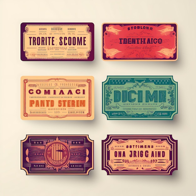 Photo a set of tickets 2d design with vintage style frame vector creative flat color label packaging