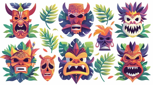 Set of Tiki masks on white background Modern illustration of wood totems with traditional Hawaiian traits scary faces with teeth decorated with leaves