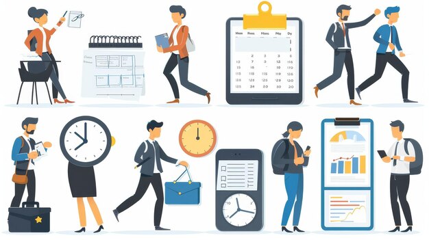 Photo a set of time management scenes isolated on white background modern illustration of flat characters planning a daily schedule of business activities making lists of todo tasks and keeping track of