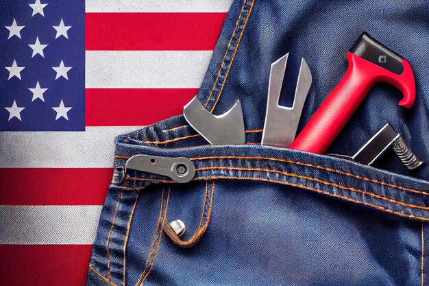 Set of tools and american flag in jeans pocket labor day background concept Generative Ai