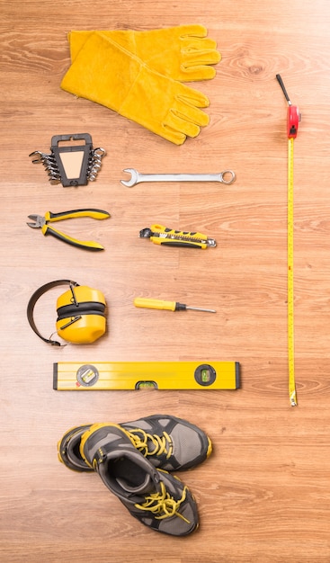 A set of tools for building on the floor.