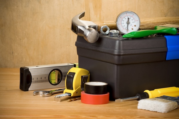 Set tools en toolbox op houtstructuur