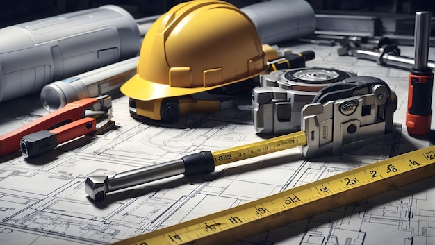 A set of tools including a hammer tape measure and hard hat laid out on a blueprint of a building