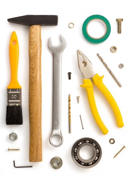 Set of tools and instruments on white