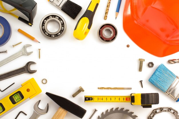 Set of tools and instruments on white