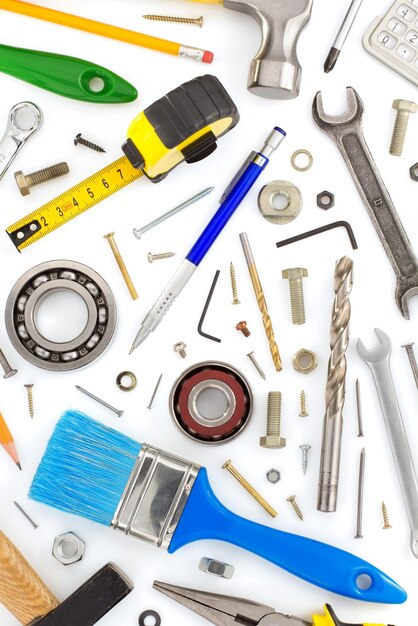 Set of tools and instruments on white