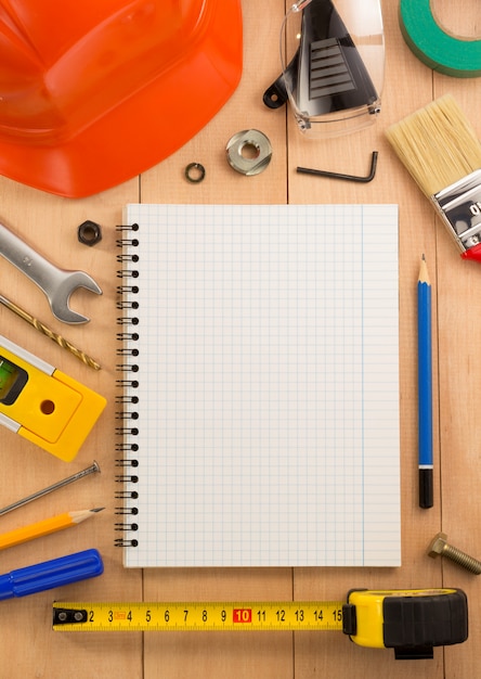 Set of tools and instruments on wood