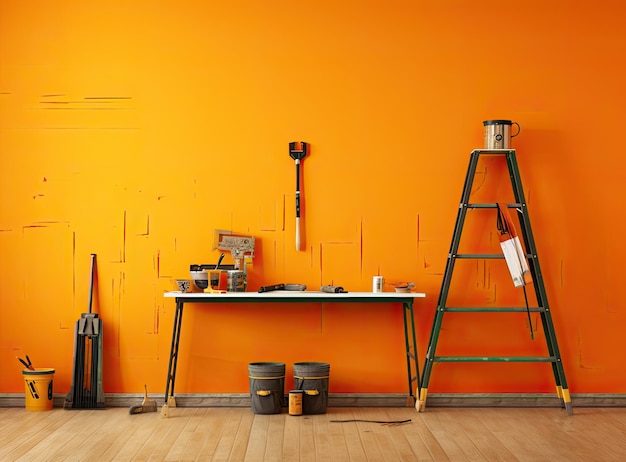 Набор инструментов и красок для ремонта в квартире, созданный с помощью технологии генеративного искусственного интеллекта
