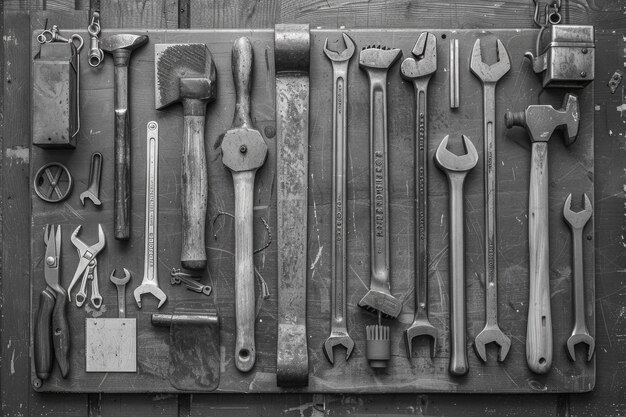 Set of tools over a wood panel on black and white