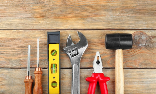 Set of tools on wooden 