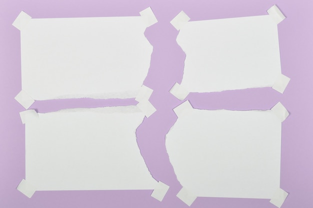 Set of torn ripped paper sheets with stickers isolated on lavender background